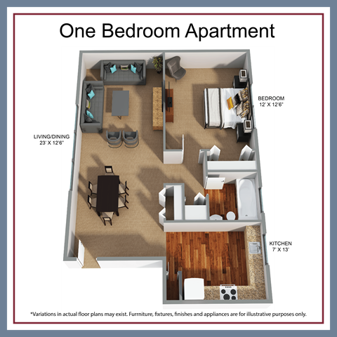 Floor plan for 1 bed, 1 bath, 660 sqft